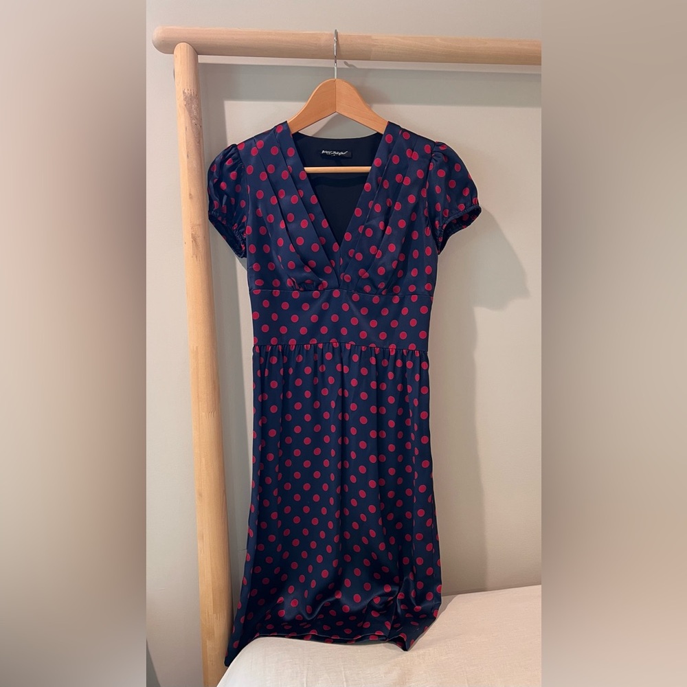 Vintage Betsey Johnson navy red polka dot silk cap sleeve dress sz 2 Y2K